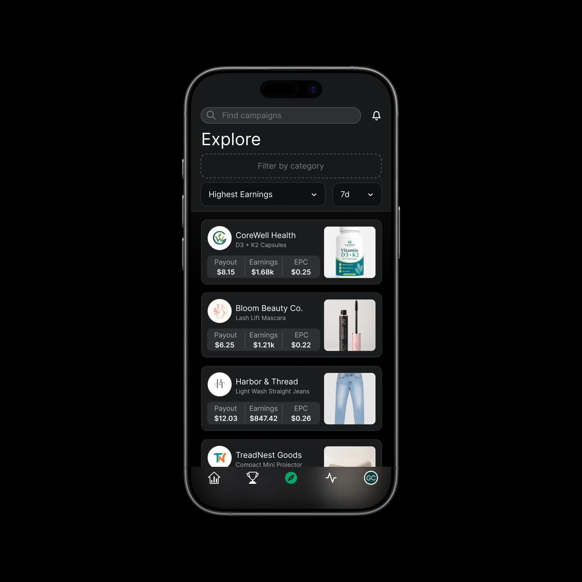 Browsing campaigns with live payout and conversion data in the Affily app
