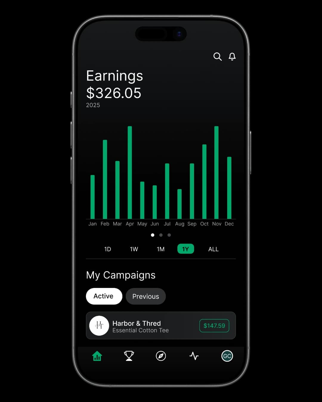 Clicks, conversions, and earnings analytics in the Affily app